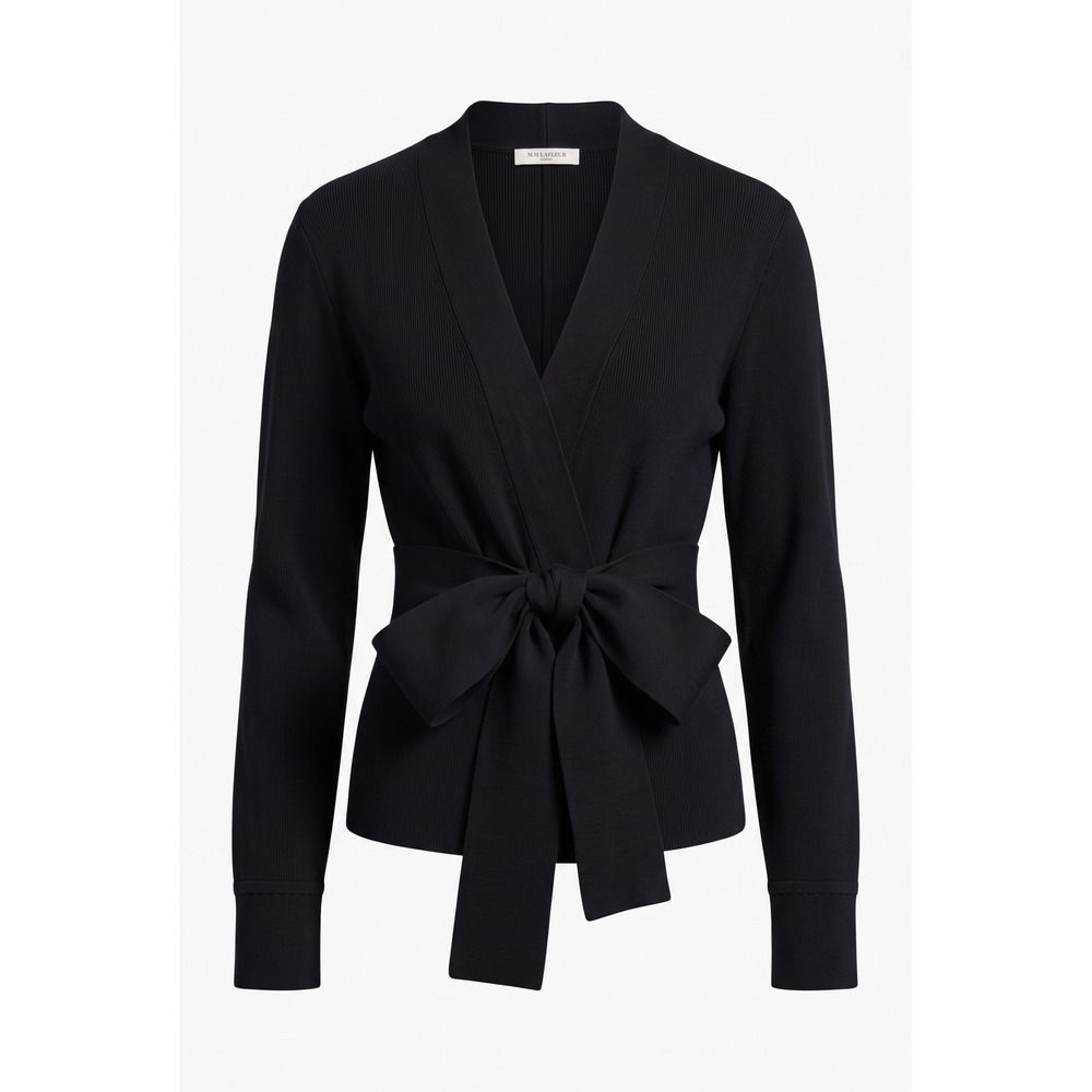 MM.LaFleur Sant Ambroeus Cardigan Black Ribbed Wrap Belted Sweater Size +2